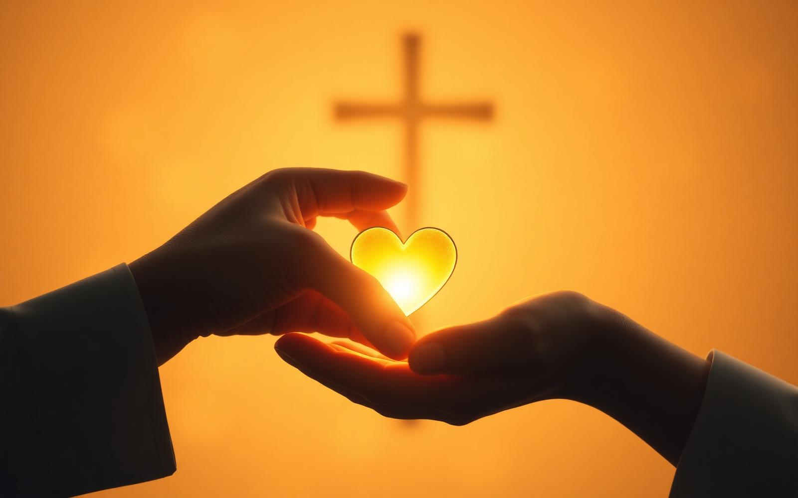 Duas mãos compartilhando um coração de luz dourada diante de uma cruz