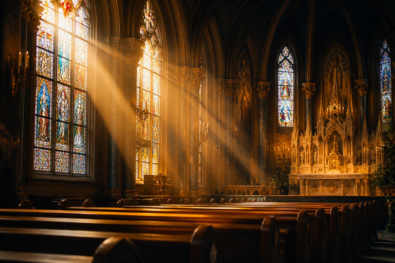 Interior de uma igreja católica com luz dourada atravessando os vitrais